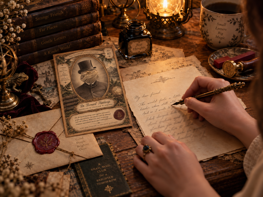 vintage desk, collector card and women writing a letter with a dip pen